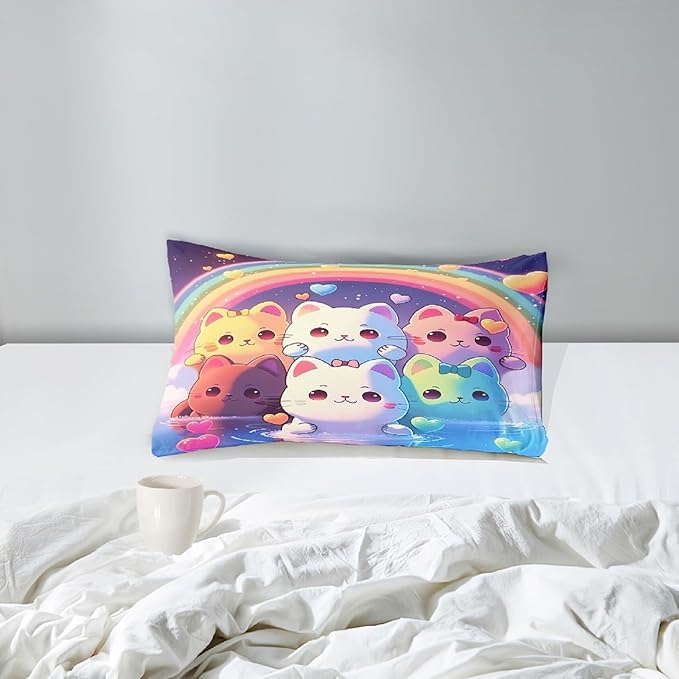 Rainbow Cat Comforter Twin Size - Rainbow Cat Bedding for Girls Room Cute Cartoon Rainbow Bedding Twin Comforter Sets for Kids, 1 Comforter+1 Pillowcase - LeafyLoom
