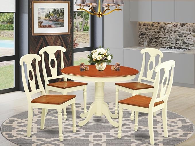 East West Furniture HLKE5-BMK-W 5 Piece Kitchen Table Set for 4 Includes a Round Dining Table with Pedestal and 4 Dining Room Chairs, 42x42 Inch, Buttermilk & Cherry - LeafyLoom