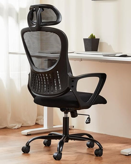 Sweetcrispy Office Computer Desk Chair, Ergonomic High-Back Mesh Rolling Work Chairs with Wheels and Adjustable Headrests, Comfortable Lumbar Support, Comfy Armrest for Home, Bedroom, Study,Black - LeafyLoom