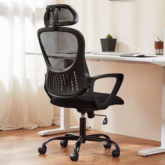 Sweetcrispy Office Computer Desk Chair, Ergonomic High-Back Mesh Rolling Work Chairs with Wheels and Adjustable Headrests, Comfortable Lumbar Support, Comfy Armrest for Home, Bedroom, Study,Black - LeafyLoom