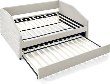 Linen Upholstered Full Size Daybed with Trundle, Solid Wooden Bedframe w/Pull Out Bed and Tufted Decorate, No Box Spring Needed, for Kids, Bedroom, Dorm - LeafyLoom