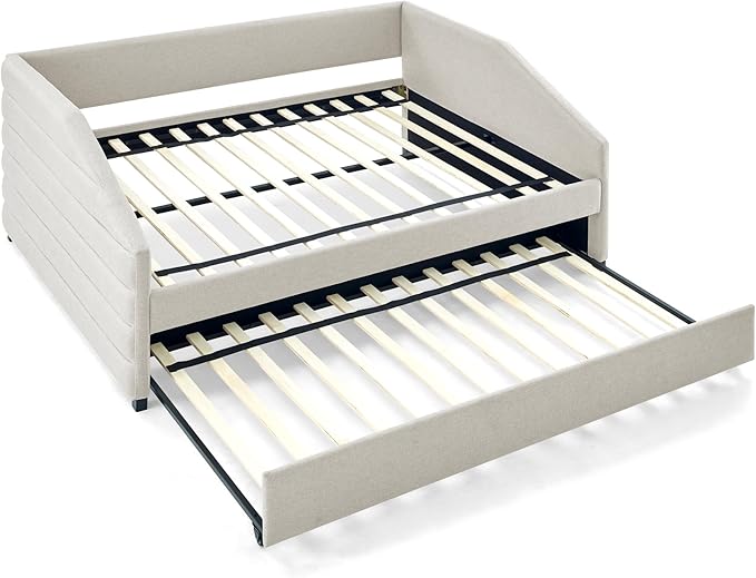 Linen Upholstered Full Size Daybed with Trundle, Solid Wooden Bedframe w/Pull Out Bed and Tufted Decorate, No Box Spring Needed, for Kids, Bedroom, Dorm - LeafyLoom