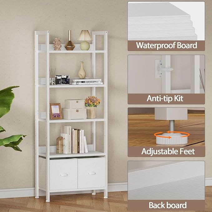 Furologee 5 Tier Bookshelf with Drawers, White Tall Bookcase with Shelves, Wood and Metal Book Shelf Storage Organizer, Modern Display Free Standing Shelf Unit for Bedroom, Living Room, Office - LeafyLoom