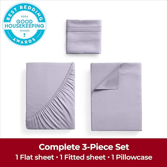 Mellanni Extra Deep Twin XL Sheets - 3 PC Iconic Collection Bedding Sheets & Pillowcases - Hotel Luxury, Ultra Soft, Cooling Bed Sheets - Extra Deep Pocket up to 21 inch (Twin Extra Long, Lavender) - LeafyLoom