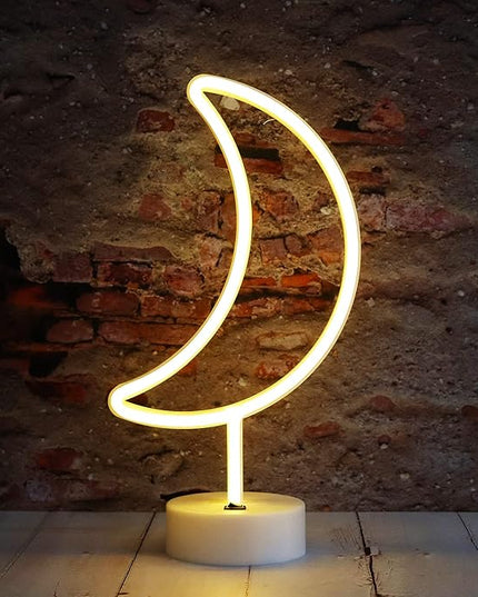 LED Moon Neon Signs, Crescent Night Lights USB Battery Operated Moon Lamp for Birthday Party, Wedding, Halloween, Christmas Decorations-Moon with Holder Base(Warm White) - LeafyLoom