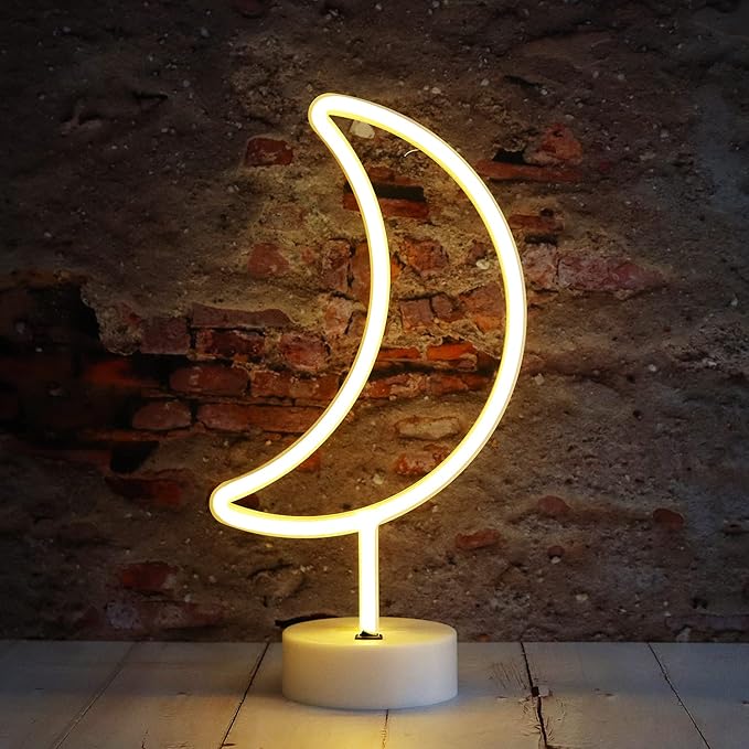 LED Moon Neon Signs, Crescent Night Lights USB Battery Operated Moon Lamp for Birthday Party, Wedding, Halloween, Christmas Decorations-Moon with Holder Base(Warm White) - LeafyLoom