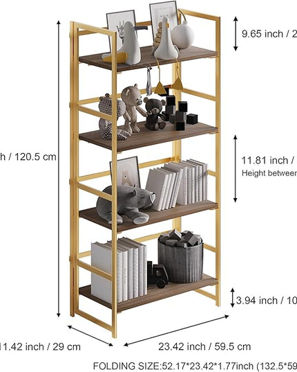 No-Assembly Folding Gold Bookshelf Storage Shelves 4 Tiers Vintage Multifunctional Plant Flower Stand Storage Rack Shelves Bookcase for Home Office - LeafyLoom