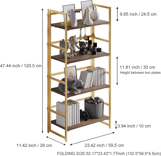 No-Assembly Folding Gold Bookshelf Storage Shelves 4 Tiers Vintage Multifunctional Plant Flower Stand Storage Rack Shelves Bookcase for Home Office - LeafyLoom