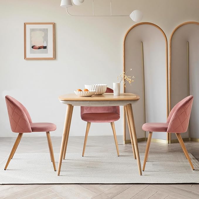 FurnitureR Upholstered Velvet Dining Chair Mid Back Armless with Wood Legs for Home Kitchen Bedroom Living Room, Set of 1, Pink - LeafyLoom