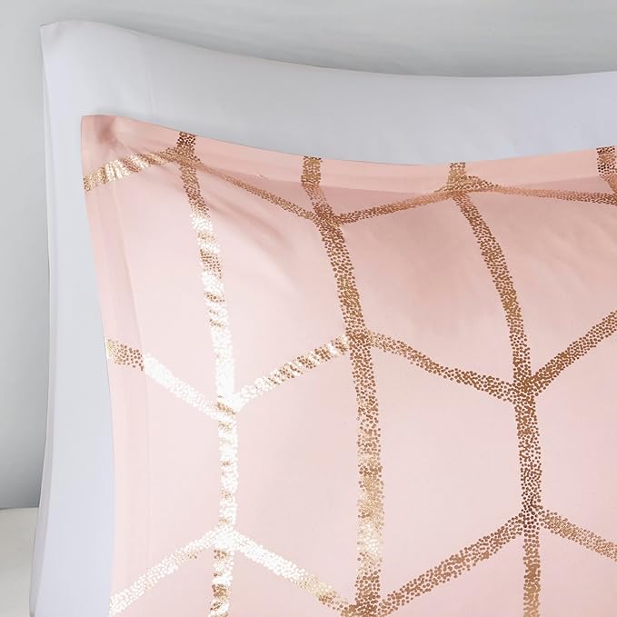 Intelligent Design Raina Twin / Twin XL Comforter Set, Soft Microfiber Comforter Set Twin, Modern Geometric Metallic Bed Set, 4 Pieces College Bedding Comforter Set with 1 Sham, 2 Toss Pillows Blush - LeafyLoom