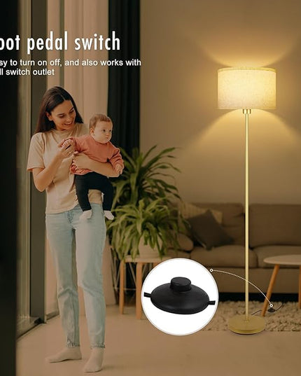 Gold Floor Lamps for Living Room, Bright Standing Lamp with 3 Color Temperatures(9W Bulb), Beige Linen Lampshade, Foot Switch, Simple Reading Floor Lamps Tall Lamps for Bedroom/Office/Den/Classroom - LeafyLoom