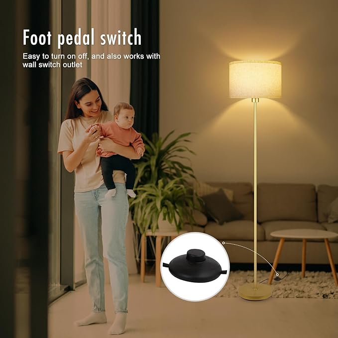 Gold Floor Lamps for Living Room, Bright Standing Lamp with 3 Color Temperatures(9W Bulb), Beige Linen Lampshade, Foot Switch, Simple Reading Floor Lamps Tall Lamps for Bedroom/Office/Den/Classroom - LeafyLoom