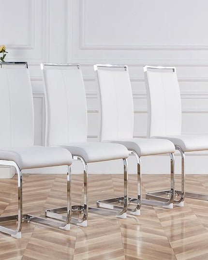 Dining Chairs Set, Kitchen Modern Metal Chairs with Faux Leather Padded Seat High Back and Sturdy Chrome Legs, Chairs for Dining Room (White-1, Set of 4) - LeafyLoom