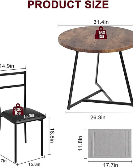 GAOMON Dining Table Set for 2, Kitchen Table and Chairs for 2 with Upholstered Chairs, 3 Piece Dining Room Table Set, Round Kitchen Table Set for Small Space, Apartment, Studio, Rustic Brown - LeafyLoom