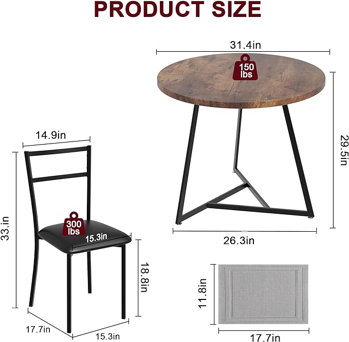 GAOMON Dining Table Set for 2, Kitchen Table and Chairs for 2 with Upholstered Chairs, 3 Piece Dining Room Table Set, Round Kitchen Table Set for Small Space, Apartment, Studio, Rustic Brown - LeafyLoom