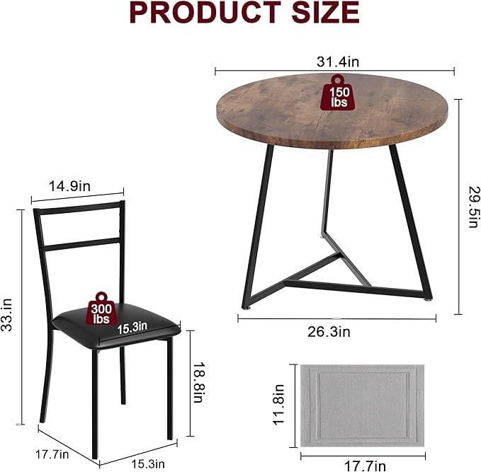 GAOMON Round Dining Table Set for 2 with Cushion Chairs, 3 Piece Kitchen Table and Upholstered Chairs Circular, Wood Dinning Room Table Furniture Set for Kitchen Apartment, Rustic Brown - LeafyLoom