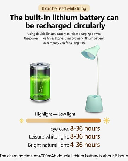 Desk Lamp LED, Desk Lamps with 3 Lighting Modes and Stepless Dimming, Desk Light 360 ° Flexible Gooseneck with Pen Holder & Mobile Phone Stand for Reading Kids Dorm (Green) - LeafyLoom