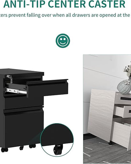 YITAHOME 3-Drawer Mobile File Cabinet with Lock, Office Storage Filing Cabinet for Legal/Letter Size, Pre-Assembled Metal File Cabinet Except Wheels Under Desk -Black - LeafyLoom