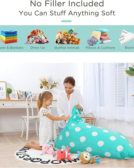 Aubliss Stuffed Animal Storage Bean Bag Chair Cover, 50"x 35" Extra Large Bean Bags for Kids & Adults, Beanbag Toy Storage for Boys Girls - Premium Cotton Canvas Aqua Dot - LeafyLoom
