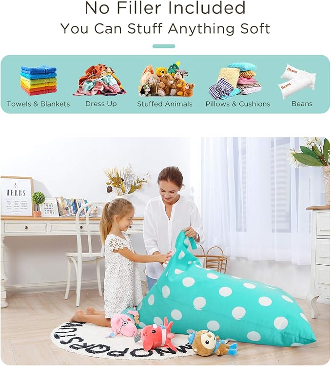 Aubliss Stuffed Animal Storage Bean Bag Chair Cover, 50"x 35" Extra Large Bean Bags for Kids & Adults, Beanbag Toy Storage for Boys Girls - Premium Cotton Canvas Aqua Dot - LeafyLoom