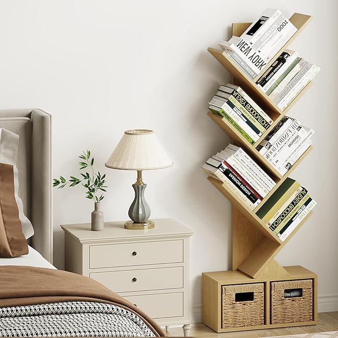 Vagusicc 6 Tier Tree Bookshelf - Retro Shelf Floor Standing Bookcase with Baskets, Tall Wood Book Storage Rack for Books/CDs, Tree Utility Book Organizer Shelves for Living Room, Home Office, Bedroom - LeafyLoom