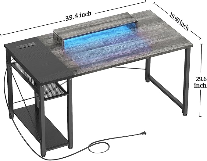 39.4'' Gaming Desk with LED, 39 Computer Desk with Outlets, Small Desk for Small Space, Simple Study Student Writing Desk with Monitor Stand, Laptop Table for Home Office, Grey and Black - LeafyLoom