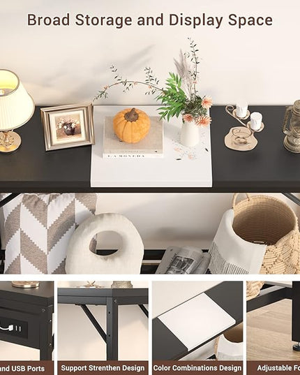 Narrow Console Table with Power Strips, Sofa Table with Storage Shelves for Living Room, 2-Tier Foyer Table for Entryway, Hallway, Behind Couch, Kitchen Counter, 39'', Black & White - LeafyLoom