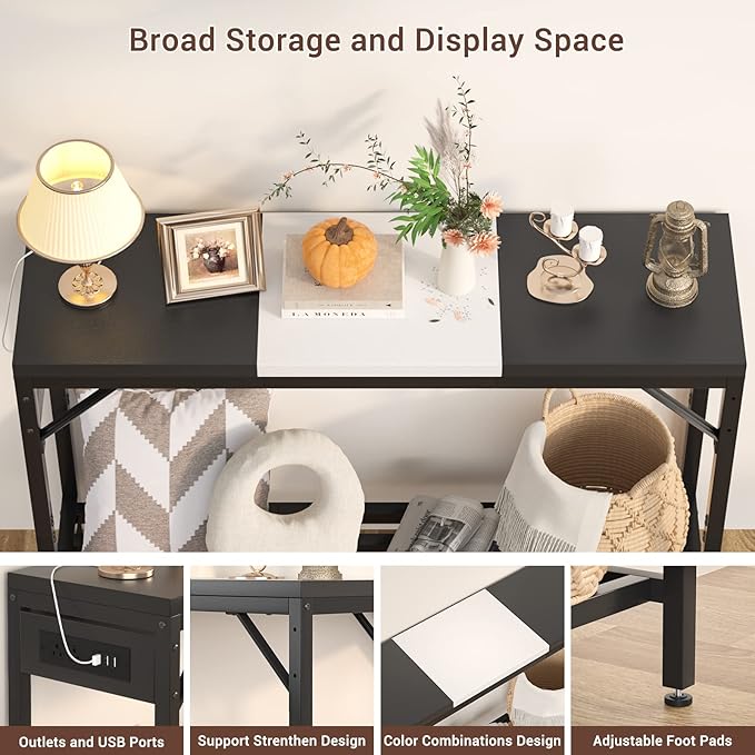 Narrow Console Table with Power Strips, Sofa Table with Storage Shelves for Living Room, 2-Tier Foyer Table for Entryway, Hallway, Behind Couch, Kitchen Counter, 39'', Black & White - LeafyLoom