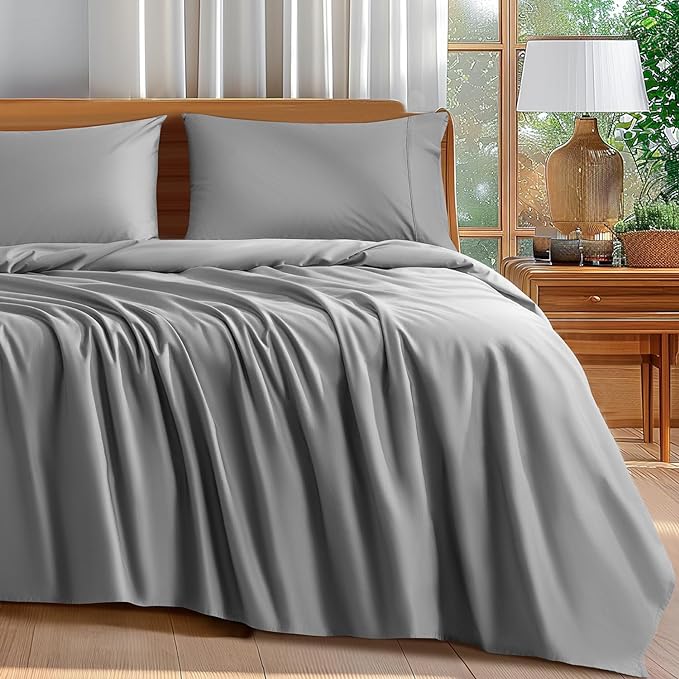 Shilucheng 100% Cotton Queen Size Sheets Set - 600 Thread Count，Luxury Egyptian Cotton Bed Sheets，5-Star Hotel Quality Sheets, Breathable & Cooling, 16 Inch Deep Pocket - 4 Piece (Grey, Queen) - LeafyLoom