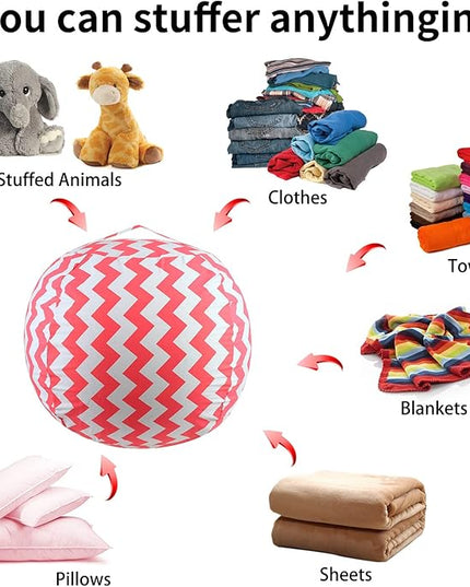 Stuffed Animal Storage Bean Bag Chairs Toy Storage Organizer Bean Bags Chair Cover for Kids 24" Cotton Canvas Beanbag with Zipper for Organizing Kid's and Adults Room and Adults, Pink wave - LeafyLoom