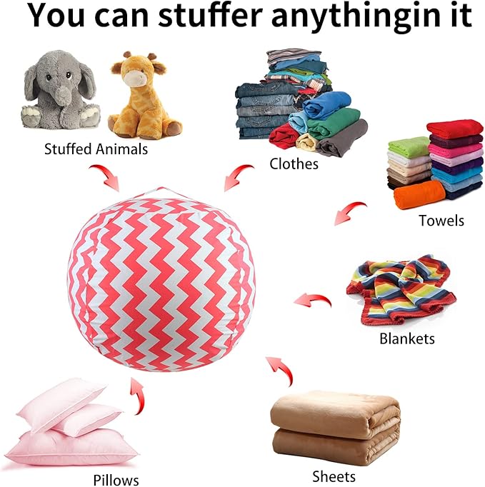 Stuffed Animal Storage Bean Bag Chairs Toy Storage Organizer Bean Bags Chair Cover for Kids 24" Cotton Canvas Beanbag with Zipper for Organizing Kid's and Adults Room and Adults, Pink wave - LeafyLoom