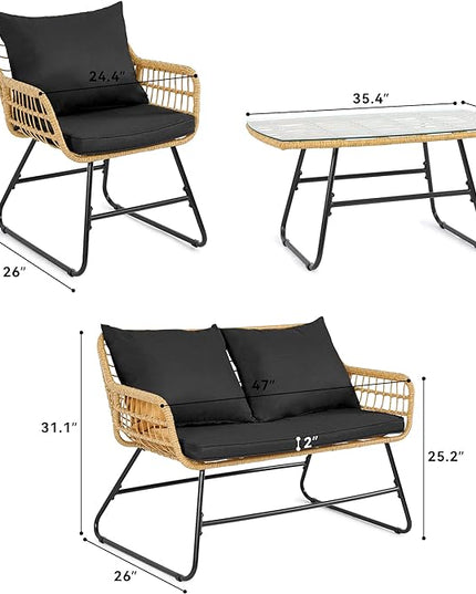 YITAHOME 4-Piece Patio Furniture Wicker Outdoor Bistro Set, All-Weather Rattan Conversation Loveseat Chairs for Backyard, Balcony and Deck with Soft Cushions and Metal Table (Light Brown+black) - LeafyLoom