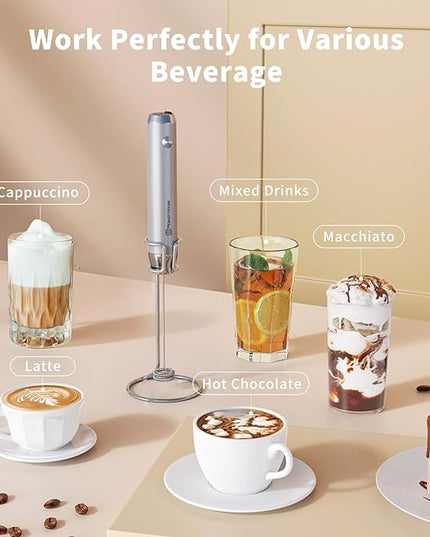 Maestri House Rechargeable Milk Frother with Stand, Handheld Electric Foam Maker Waterproof Detachable Stainless Steel Whisk Drink Mixer Foamer for Lattes, Cappuccino - LeafyLoom