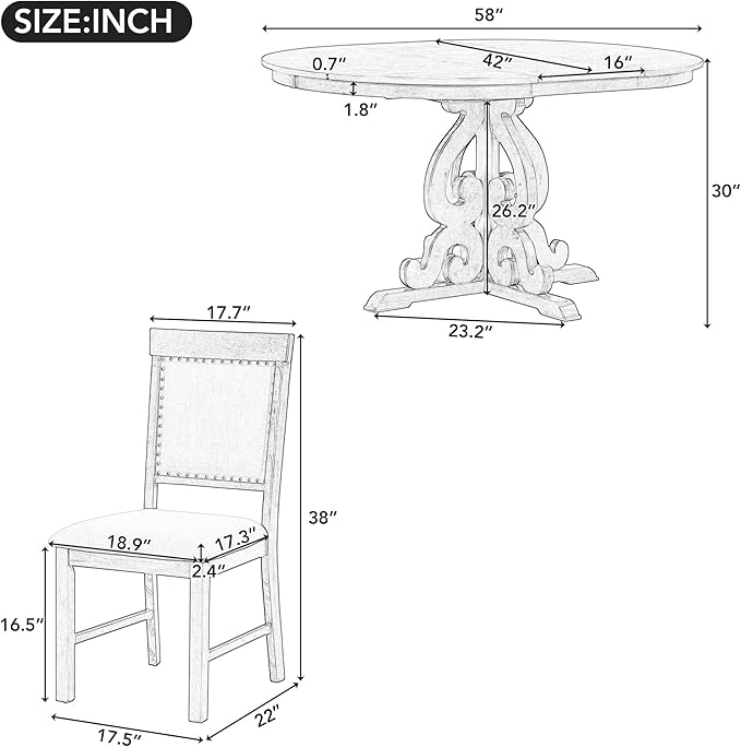 5-Piece Retro Functional Dining Set, Included Solid Wooden Extendable Table with a 16-inch Leaf and 4 Upholstered Chairs for Kitchen, Living Room, Home Bar, Antique White - LeafyLoom