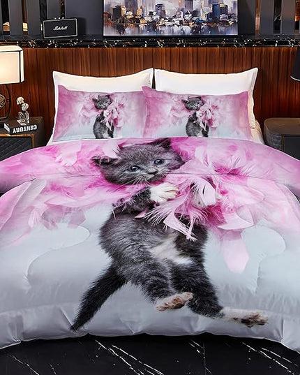 Cat Comforter Set Queen Size for Kids Pink Feathers Black Cat 3Pcs Bedding Set for boys and Girls (1Summer Comforter+ 2 Pillowcases) Lovely Animal Pets Duvet Set - LeafyLoom