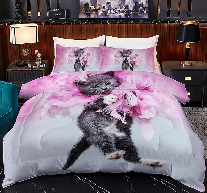 Cat Comforter Set Queen Size for Kids Pink Feathers Black Cat 3Pcs Bedding Set for boys and Girls (1Summer Comforter+ 2 Pillowcases) Lovely Animal Pets Duvet Set - LeafyLoom
