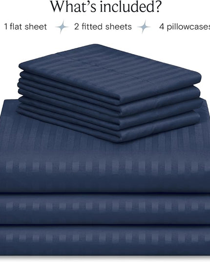 LuxClub 7 PC Split King Size Sheet Set Bed Sheets, Breathable Luxury Bed Sheets, Deep Pockets 18" Wrinkle Free Cooling Bed Sheets Machine Washable Hotel Bedding (Split King, Striped Navy) - LeafyLoom