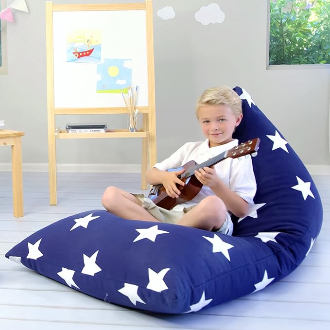 Butterfly Craze Bean Bag Chair Cover, Functional Toddler Toy Organizer, Fill with Stuffed Animals to Create a Jumbo, Comfy Floor Lounger for Boys or Girls, Stuffing Not Included, Navy Stars - LeafyLoom