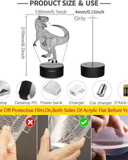 Dinosaur 3D Night Light for Kids 16 Colors Changing 3D Optical Illusion Lamp with Smart Touch & Remote Control, Best Gift for Girls Boys Kids (T-rex) - LeafyLoom