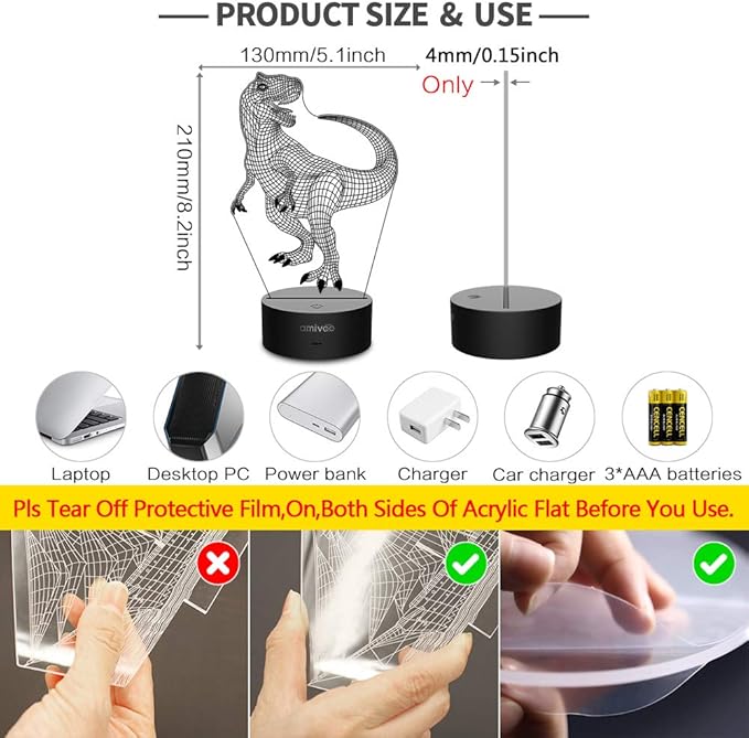 Dinosaur 3D Night Light for Kids 16 Colors Changing 3D Optical Illusion Lamp with Smart Touch & Remote Control, Best Gift for Girls Boys Kids (T-rex) - LeafyLoom