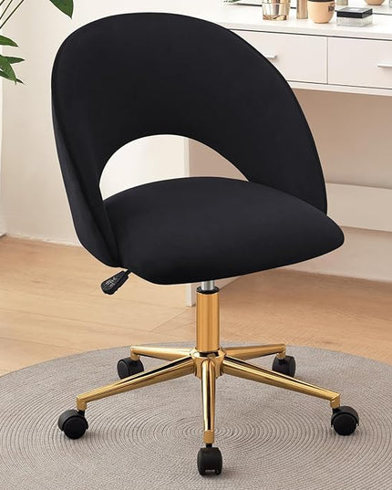 Furniliving Velvet Home Office Chair, Height Adjustable Swivel Vanity Chair with Wheels, Upholstered Desk Task Makeup Chair Computer Chair with Gold Metal Base Stool Chairs (Black) - LeafyLoom