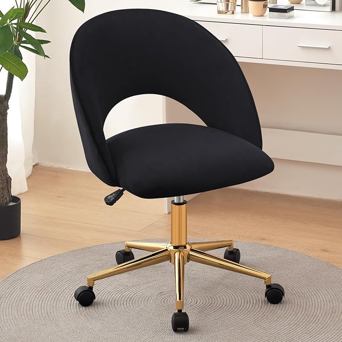 Furniliving Velvet Home Office Chair, Height Adjustable Swivel Vanity Chair with Wheels, Upholstered Desk Task Makeup Chair Computer Chair with Gold Metal Base Stool Chairs (Black) - LeafyLoom