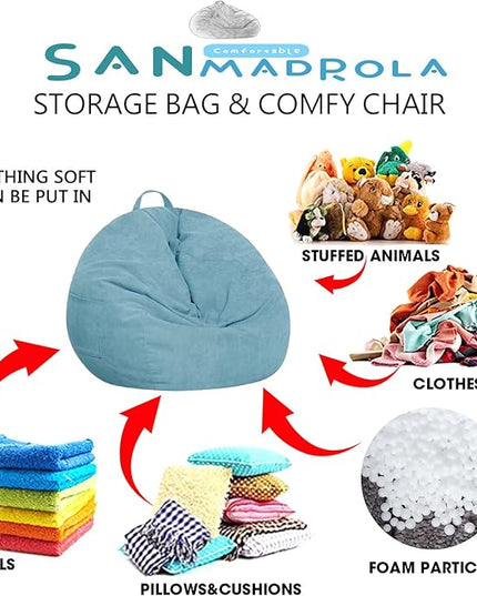 Stuffed Animal Storage Bean Bag Chair Cover (No Filler) for Kids and Adults.Soft Premium Corduroy Stuffable Beanbag for Organizing Children Plush Toys or Memory Foam Large 300L(LightBlue) - LeafyLoom