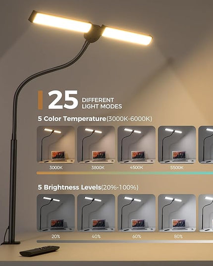 Led Desk Lamp for Home Office, Double Head Desktop Light with Clamp, Remote Control Architect Lamps for Computer Monitor, Read, Study, 25 Lighting Modes, Eye Care, Flexible Gooseneck, Black - LeafyLoom