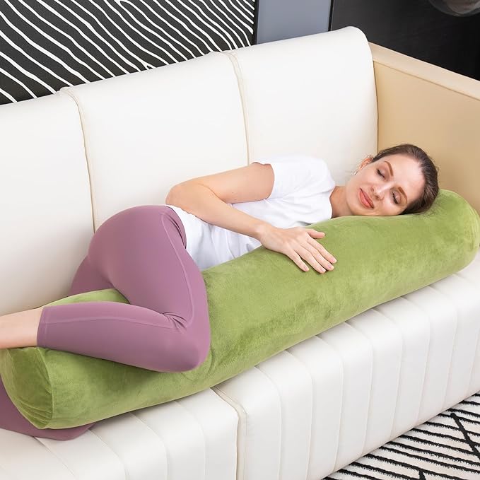 Body Pillow, Memory Foam Round Body Pillows for Adults, Firm Long Bolster Pillow for Bed, Cylinder Tube Roll Pillow with Velvet Cover, 47x7.87 Inches, Green - LeafyLoom