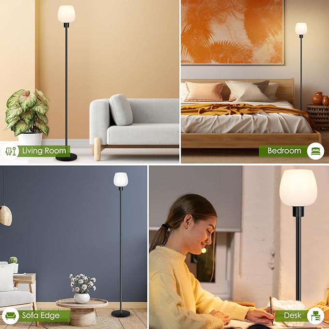 Floor Lamp for Living Room with 3 Color Temperatures, Standing Lamp with White Opal Glass Lampshade, Modern Tall Lamp with Foot Switch, Pole Lamp for Office Bedroom Dining Room, 9W LED Bulb Included - LeafyLoom