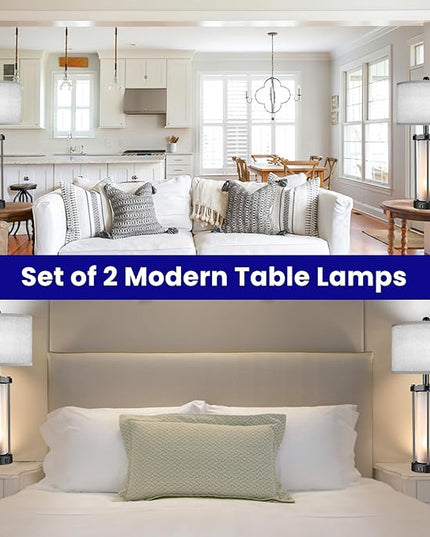 Table Lamps for Living Room Set of 2,26" Tall Bedside Farmhouse Table Lamps with LED Lantern Nightlight,Bedroom Nightstand Lamps with Dual USB Port Grey Fabric Shade (Bulbs Included) - LeafyLoom