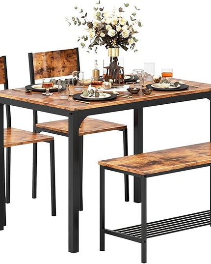 sogesfurniture Modern 4-Piece Kitchen Dining Table Set with 1 Bench and 2 Chairs, Kitchen Bench Table Set for 4, Wooden Kitchen Table and Chairs for Limited Space,Rustic Brown - LeafyLoom