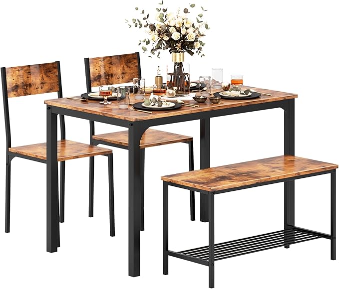 sogesfurniture Modern 4-Piece Kitchen Dining Table Set with 1 Bench and 2 Chairs, Kitchen Bench Table Set for 4, Wooden Kitchen Table and Chairs for Limited Space,Rustic Brown - LeafyLoom