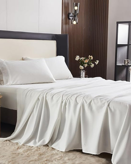Bed Sheet Set - Brushed Microfiber Bedding - Bedding Sheets & Pillowcases - Deep Pockets - Easy Fit - Breathable & Cooling Sheets- 4 Piece Queen White Sheets - LeafyLoom